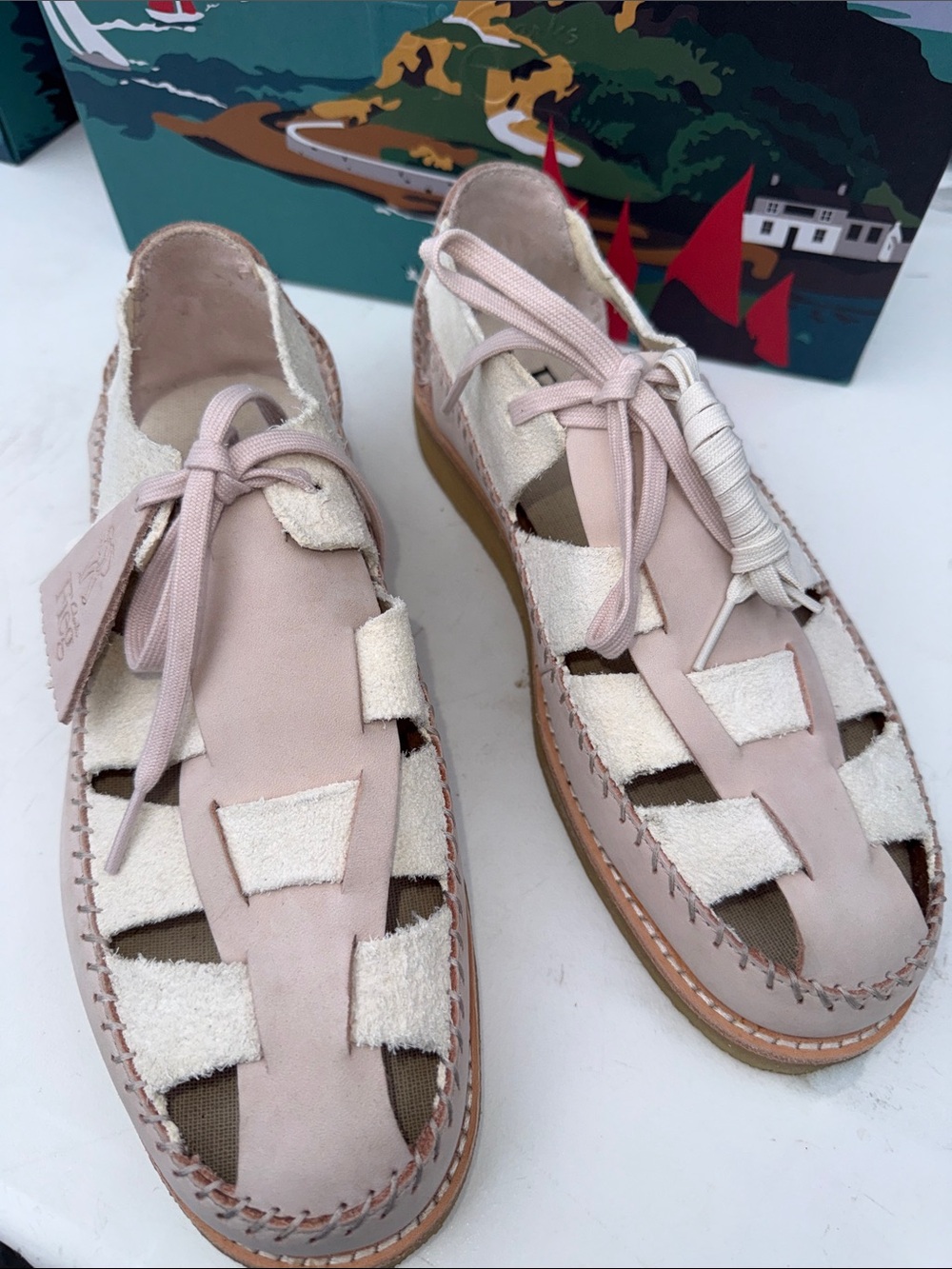 Men’s KITH/CLARKS  Lace-Up Woven Leather Sandals - Pale ROSE / Cream